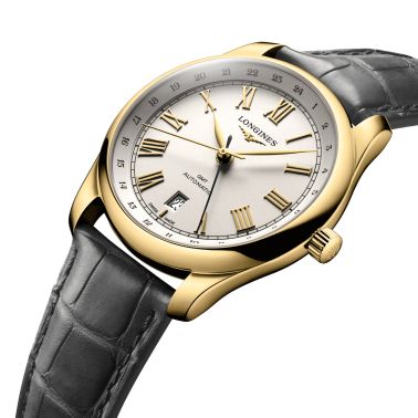 Montre Longines Master Collection GMT Or Jaune automatique cadran argent bracelet cuir gris 40 mm L2.844.6.71.2