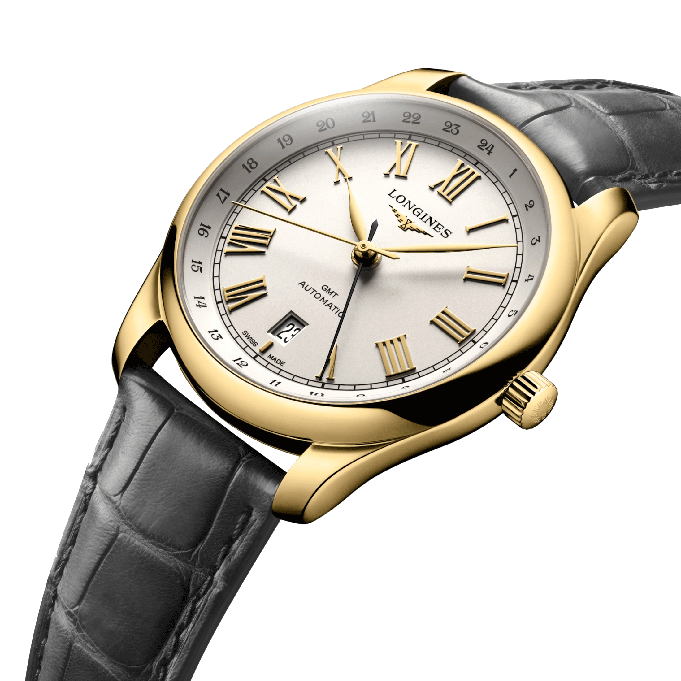 Montre Longines Master Collection GMT Or Jaune automatique cadran argent bracelet cuir gris 40 mm L2.844.6.71.2