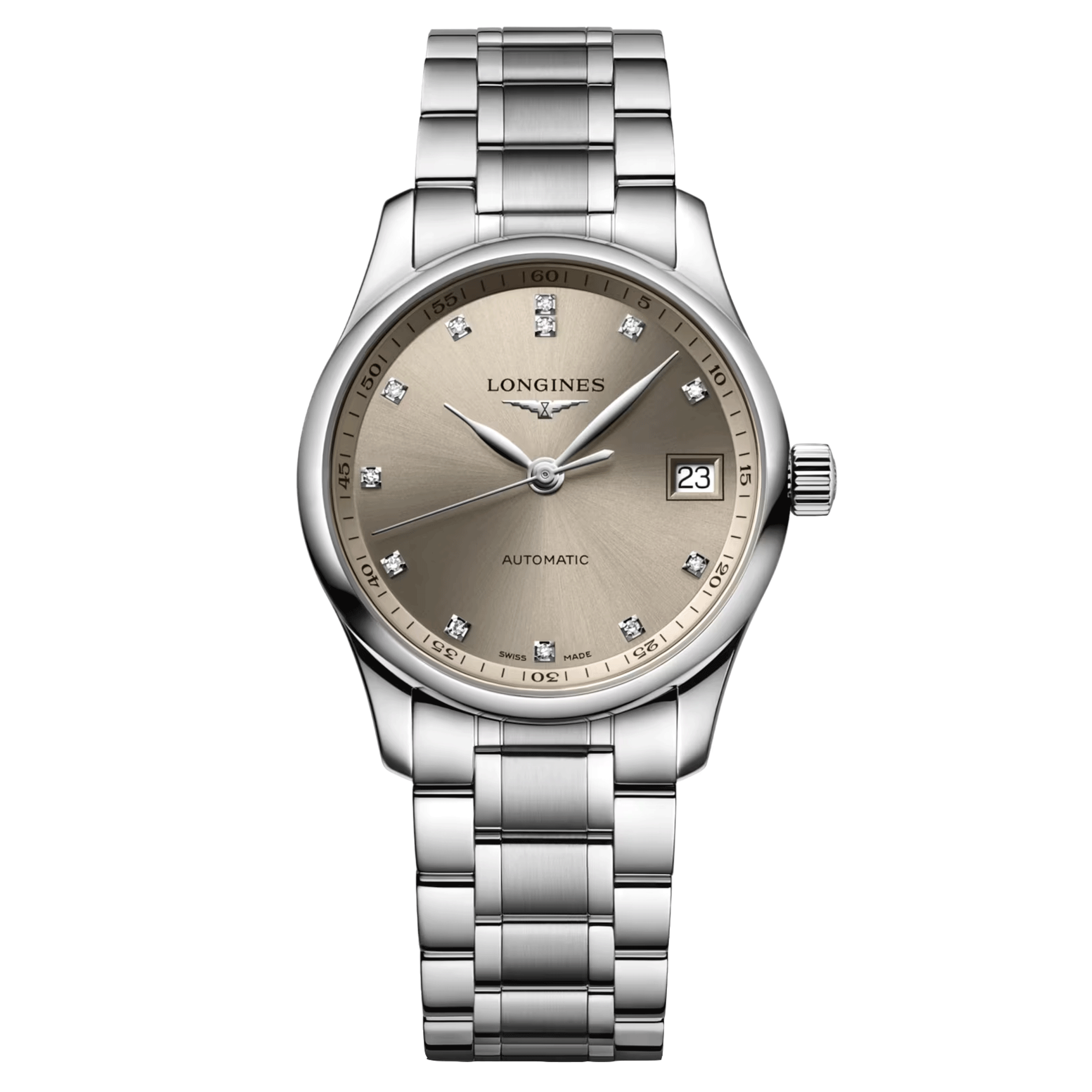 Montre Longines Master Collection automatique index diamants cadran beige bracelet acier 34 mm L2.357.4.07.6