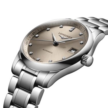 Longines Master Collection automatic watch diamond index beige dial taupe steel bracelet 34 mm L2.357.4.07.6