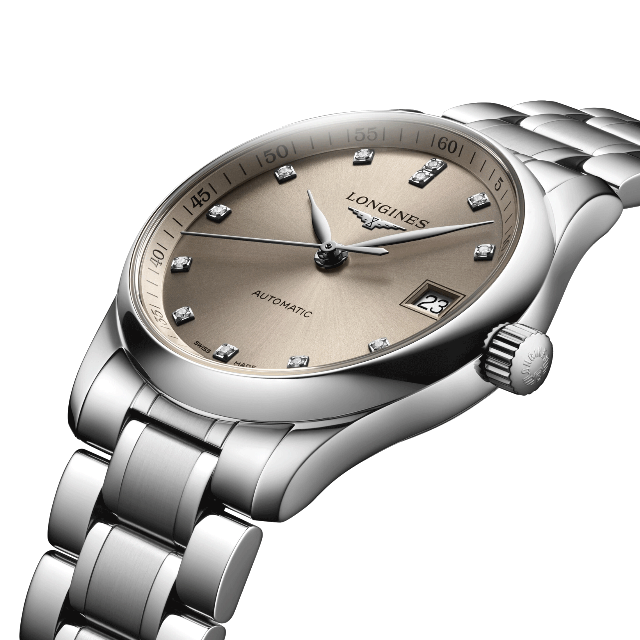 Montre Longines Master Collection automatique index diamants cadran beige bracelet acier 34 mm L2.357.4.07.6