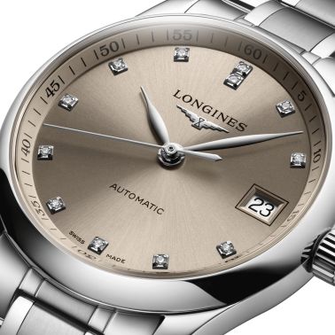 Montre Longines Master Collection automatique index diamants cadran beige bracelet acier 34 mm L2.357.4.07.6