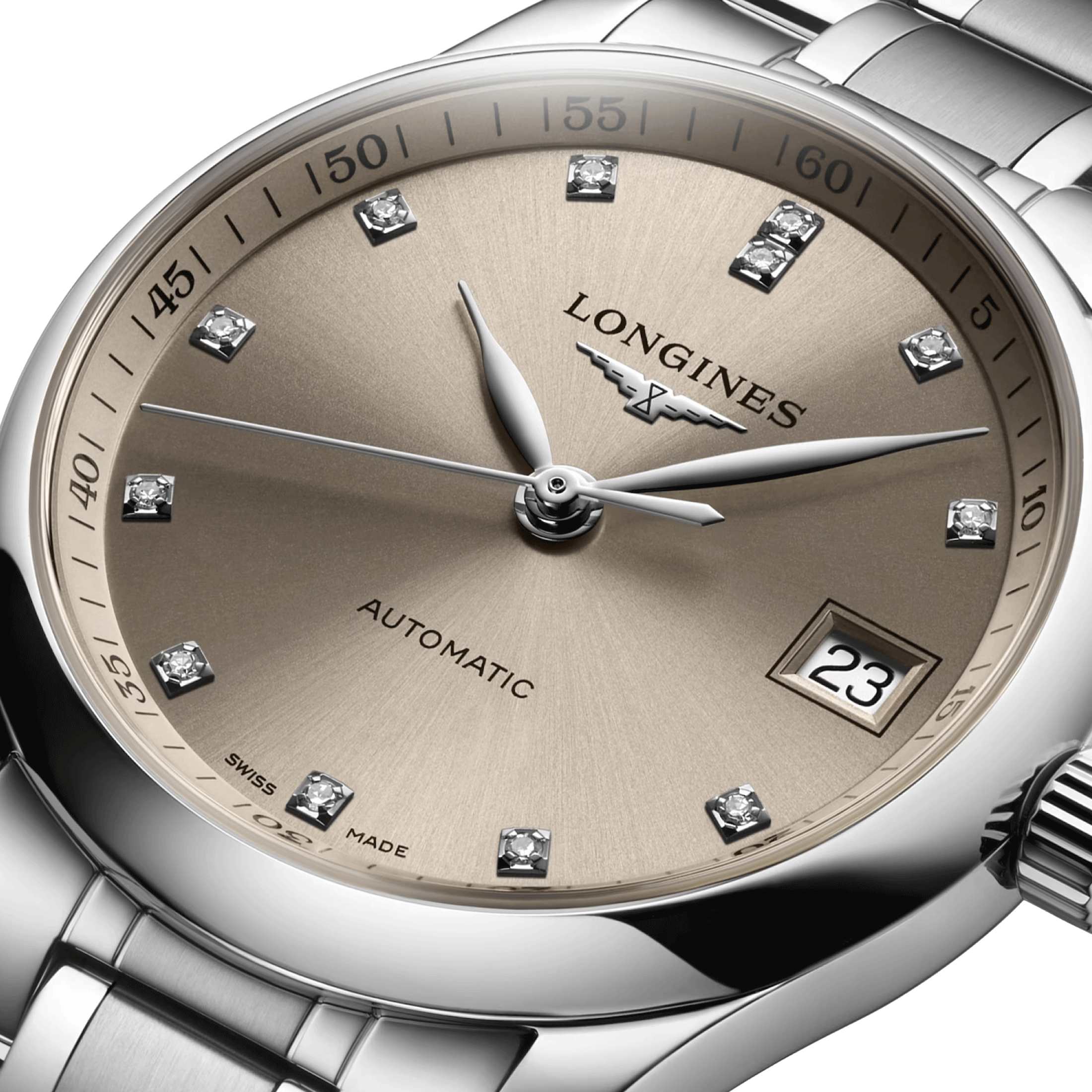Montre Longines Master Collection automatique index diamants cadran beige bracelet acier 34 mm L2.357.4.07.6
