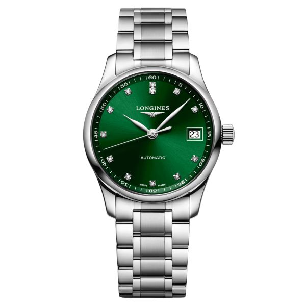 Montre Longines Master Collection automatique index diamants cadran vert bracelet acier 34 mm L2.357.4.99.6