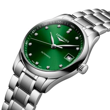 Montre Longines Master Collection automatique index diamants cadran vert bracelet acier 34 mm L2.357.4.99.6