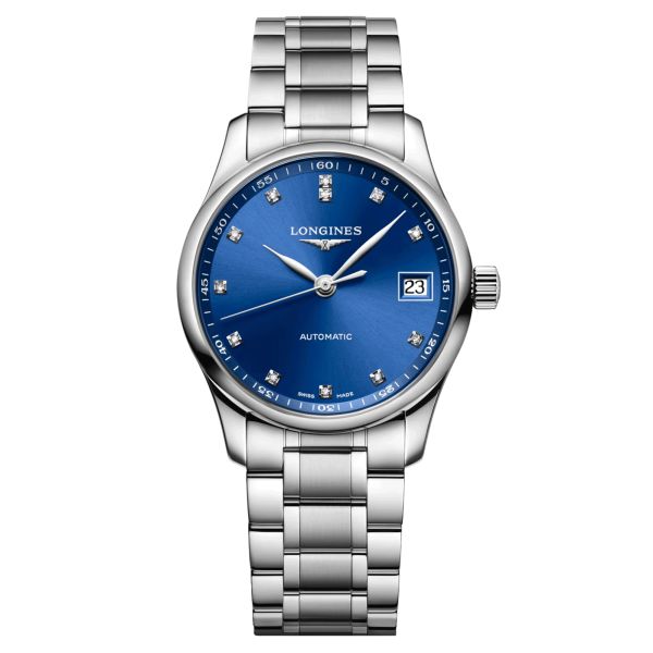 Montre Longines Master Collection automatique index diamants cadran bleu bracelet acier 34 mm L2.357.4.98.6