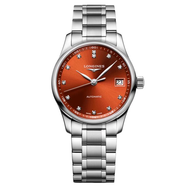 Longines Master Collection automatic watch diamond index orange dial steel bracelet 34 mm L2.357.4.08.6