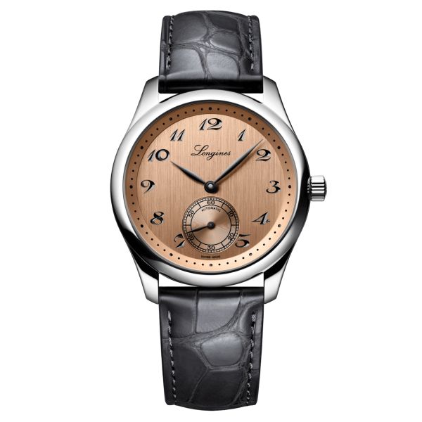 Longines Master Collection automatic watch salmon dial grey leather strap 38,5 mm L2.843.4.93.2