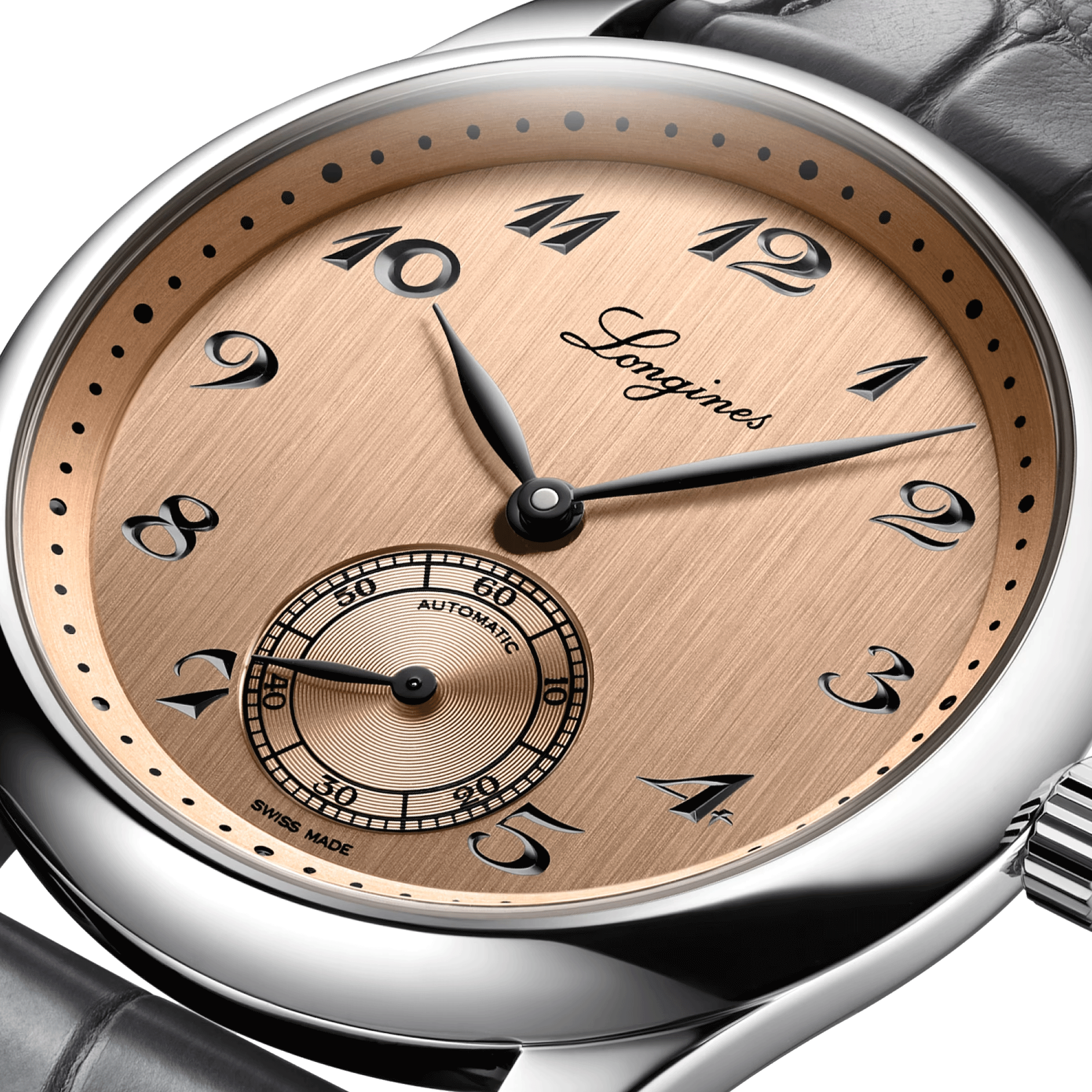 Montre Longines Master Collection automatique cadran saumon bracelet cuir gris 38,5 mm L2.843.4.93.2