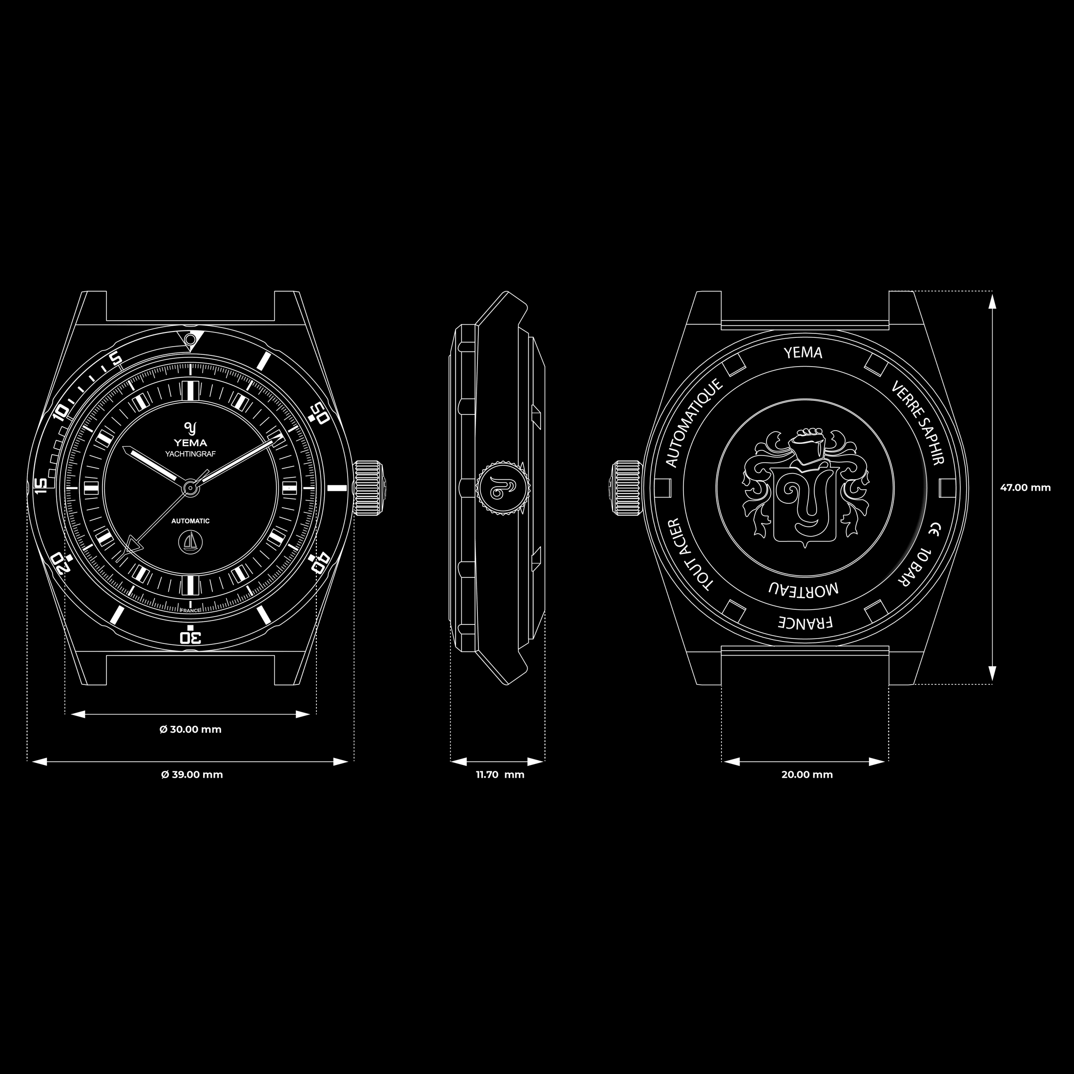 Montre Yema Urban Yachtingraf automatique réhaut blanc cadran bleu bracelet acier 39 mm YYAC23-AMS