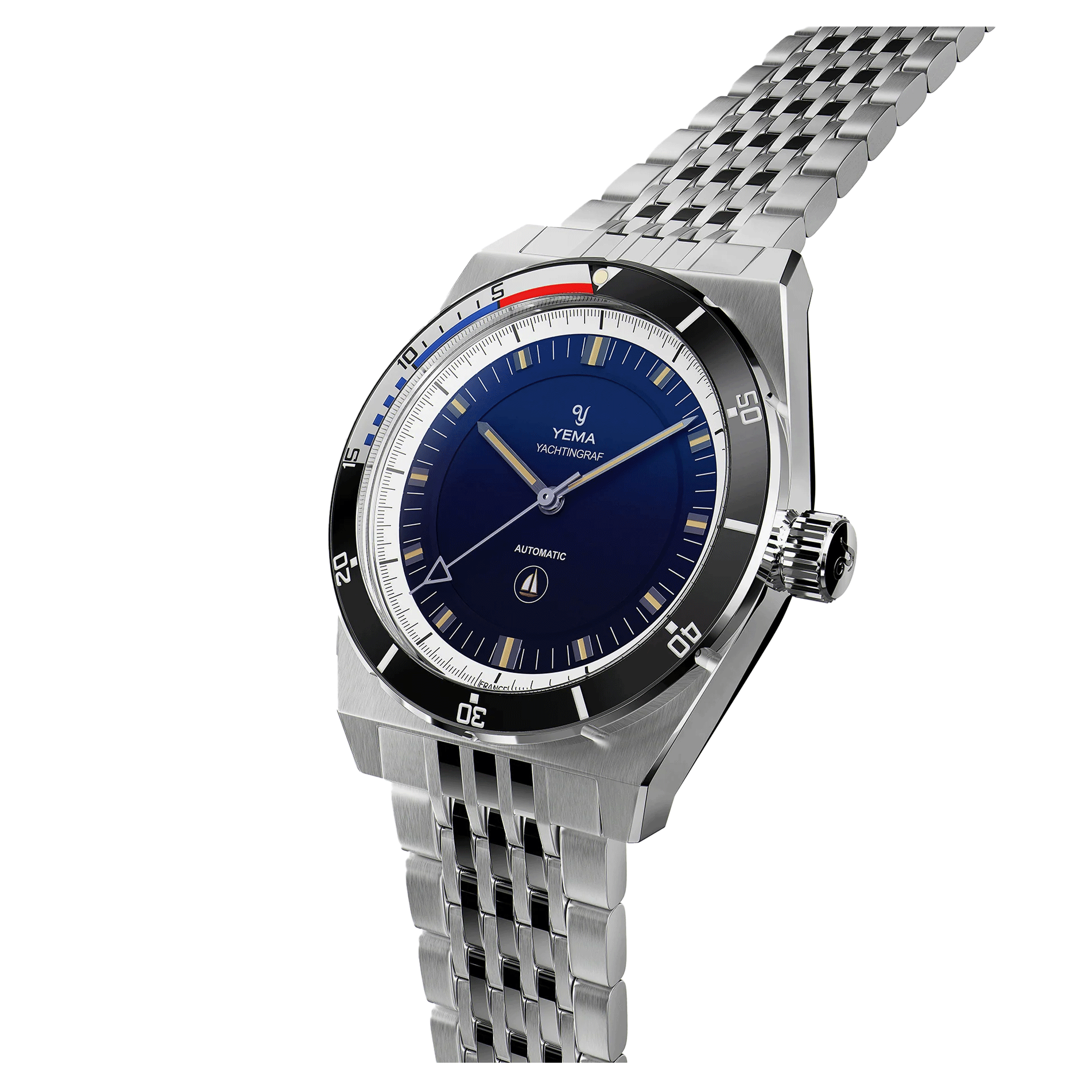 Yema Urban Yachtingraf automatic watch white bezel blue dial stainless steel bracelet 39 mm YYAC23-AMS