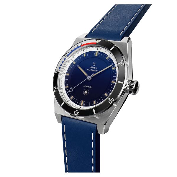 Yema Urban Yachtingraf automatic watch white bezel blue dial blue leather strap 39 mm YYAC23-AG65S