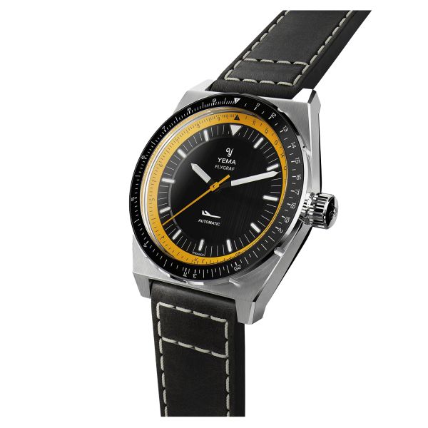 Montre Yema Urban Yachtingraf automatique réhaut jaune cadran noir bracelet cuir noir 39 mm YFLY23-AA65S