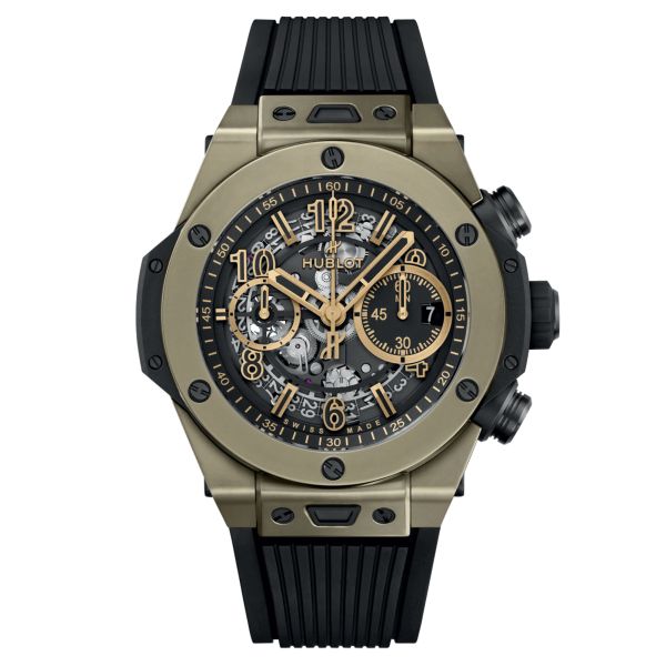 Hublot Big Bang Unico Full Magic Gold automatic watch skeleton dial black rubber strap 44 mm 421.MX.1130.RX
