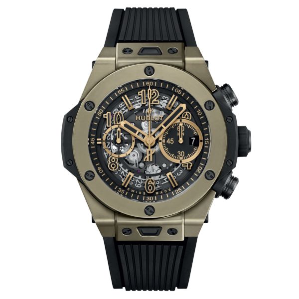 Montre Hublot Big Bang Unico Full Magic Gold automatique cadran squelette bracelet caoutchouc noir 44 mm 421.MX.1130.RX