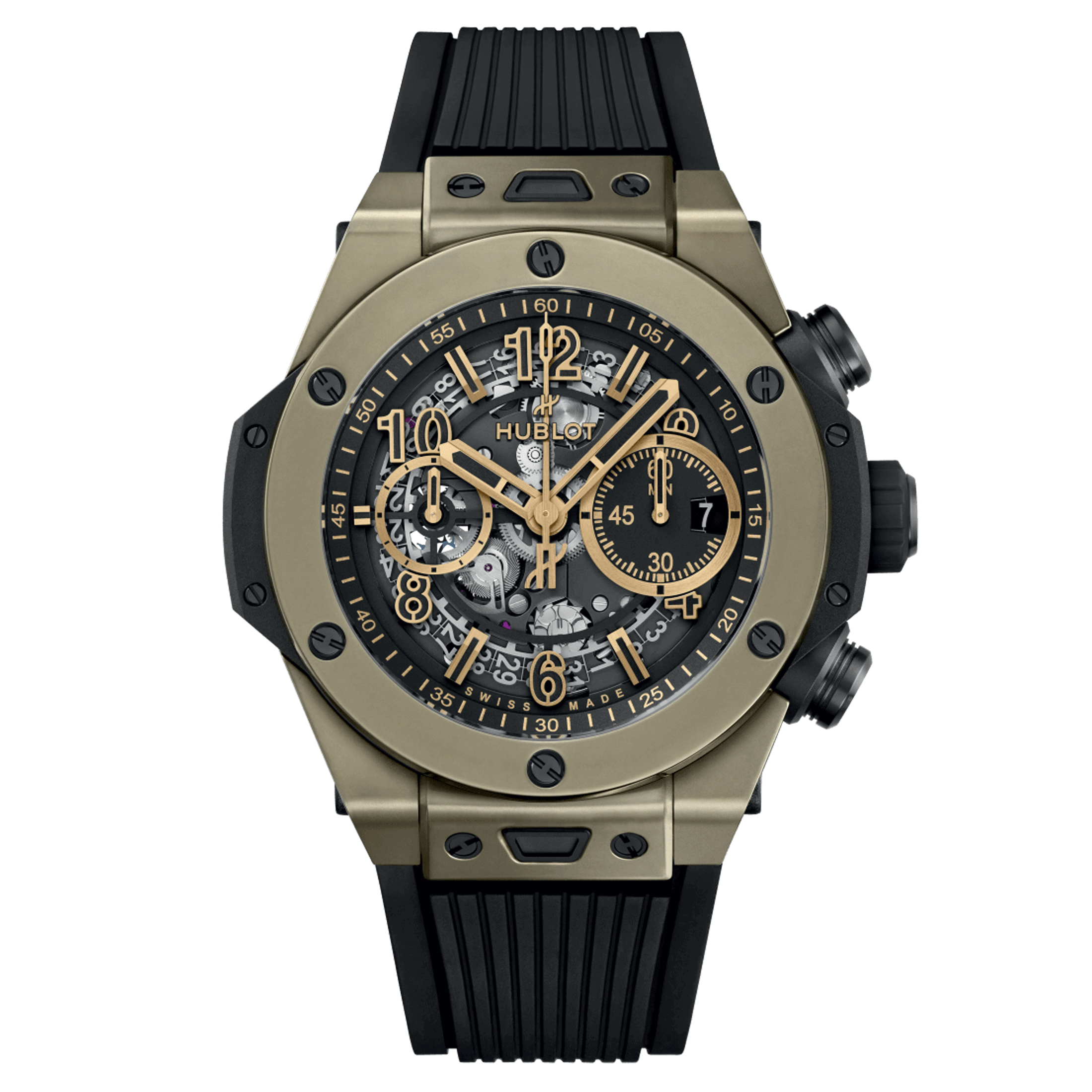 Montre Hublot Big Bang Unico Full Magic Gold automatique cadran squelette bracelet caoutchouc noir 44 mm 421.MX.1130.RX