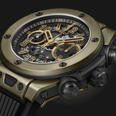 Hublot Big Bang Unico Full Magic Gold automatic watch skeleton dial black rubber strap 44 mm 421.MX.1130.RX