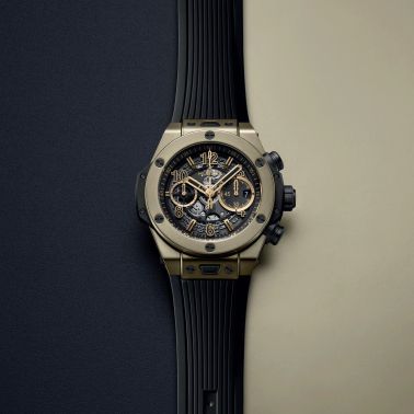 Montre Hublot Big Bang Unico Full Magic Gold automatique cadran squelette bracelet caoutchouc noir 44 mm 421.MX.1130.RX