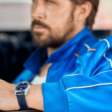 TAG Heuer Carrera Chronograph "Glassbox" automatic watch blue dial blue leather strap 39 mm