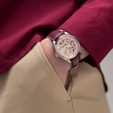 Montre Hamilton Jazzmaster Skeleton automatique cadran squelette rose bracelet cuir violet 36 mm H32265870