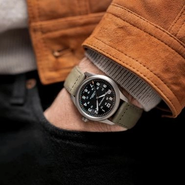 Hamilton Khaki Field Titanium automatic watch black dial green leather strap 38 mm