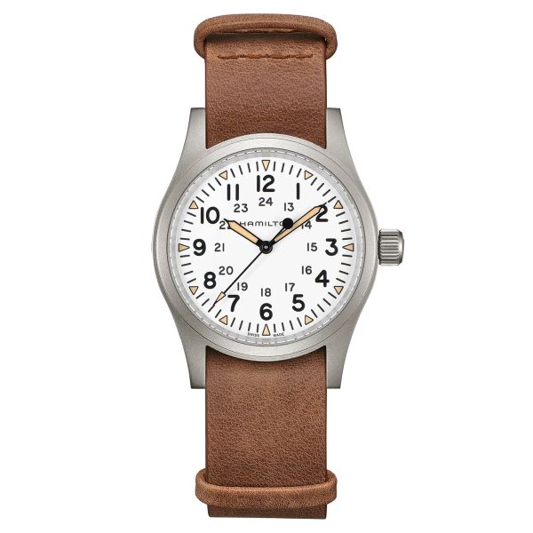 Montre Hamilton Khaki Field Mechanical cadran blanc bracelet nato cuir brun 38 mm
