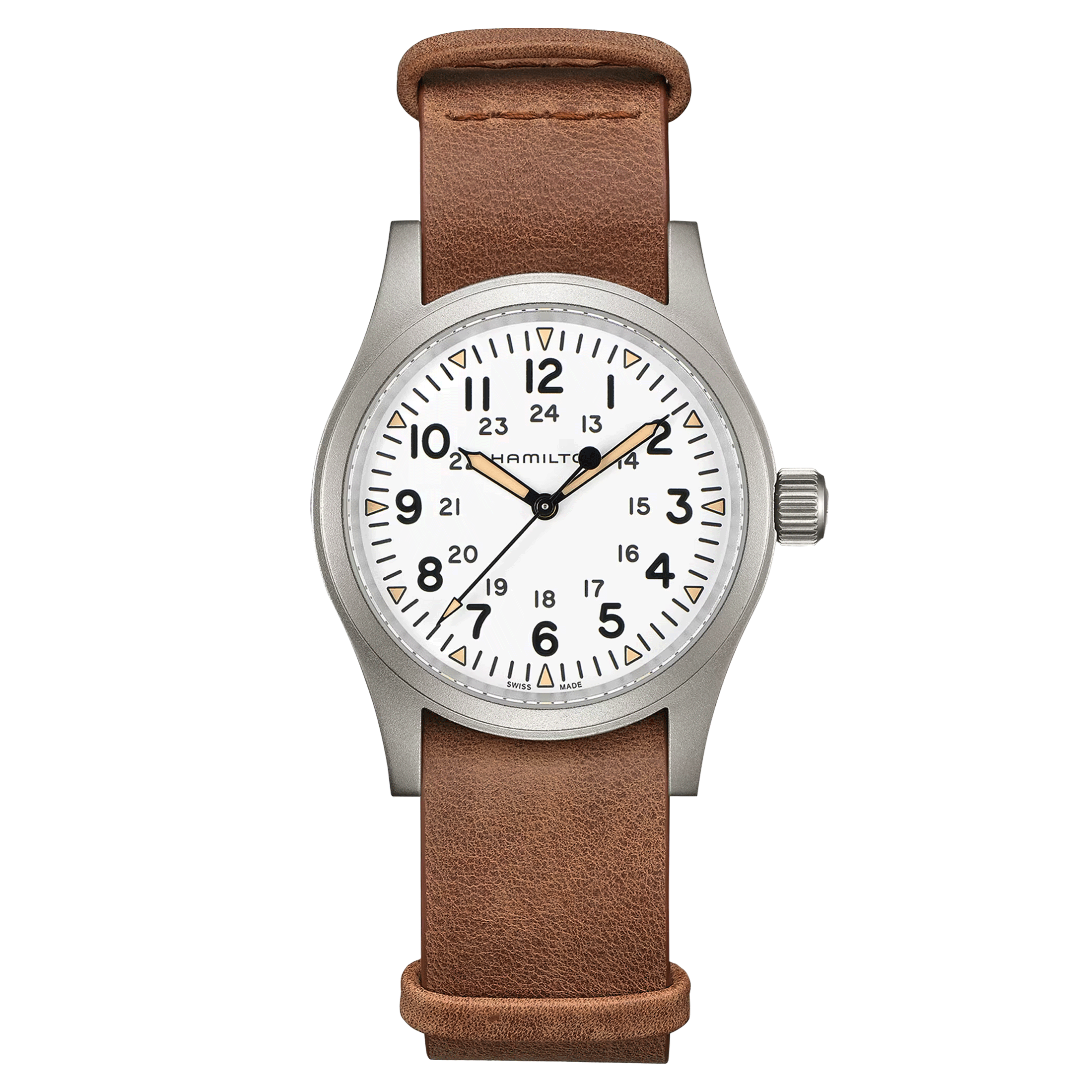 Montre Hamilton Khaki Field Mechanical cadran blanc bracelet nato cuir brun 38 mm H69439511