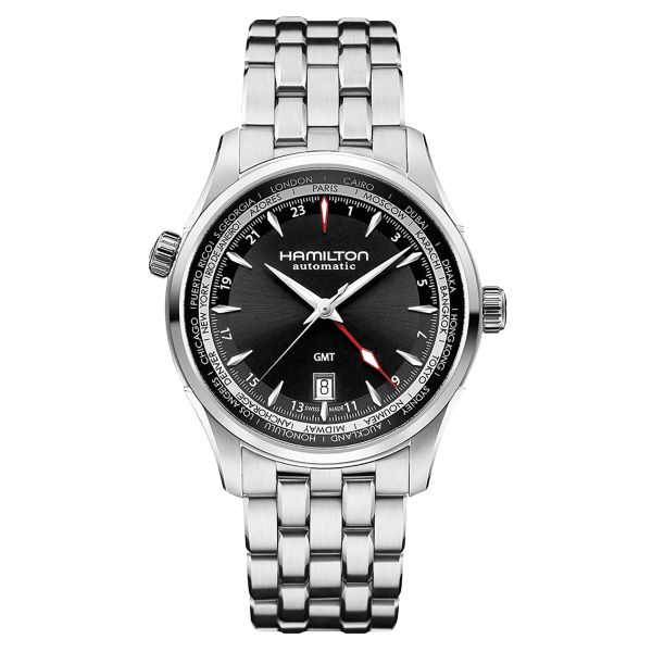 Hamilton Jazzmaster GMT automatic watch black dial steel bracelet 42 mm