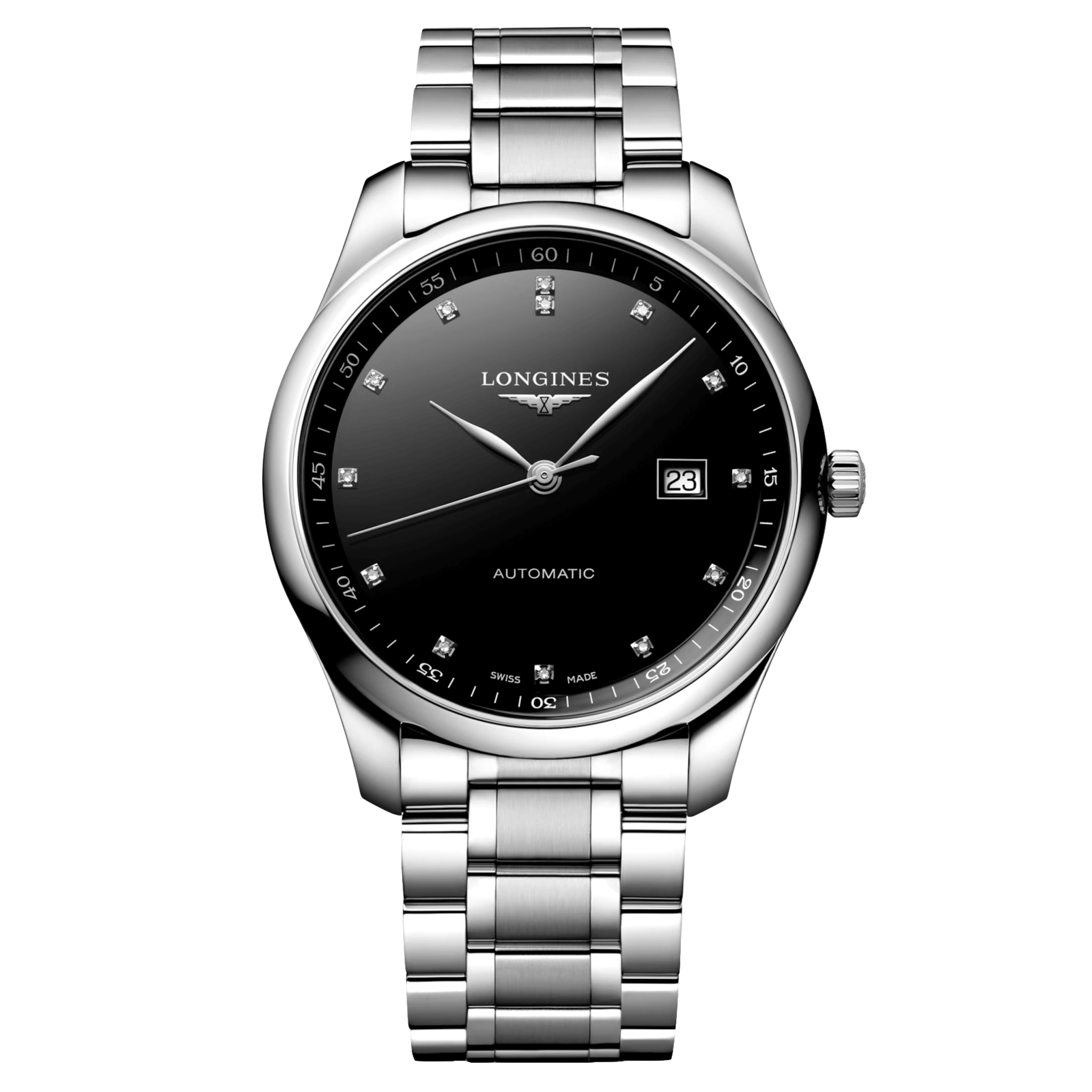 Montre Longines Master Collection automatique index diamants cadran noir bracelet acier 42 mm L2.893.4.57.6