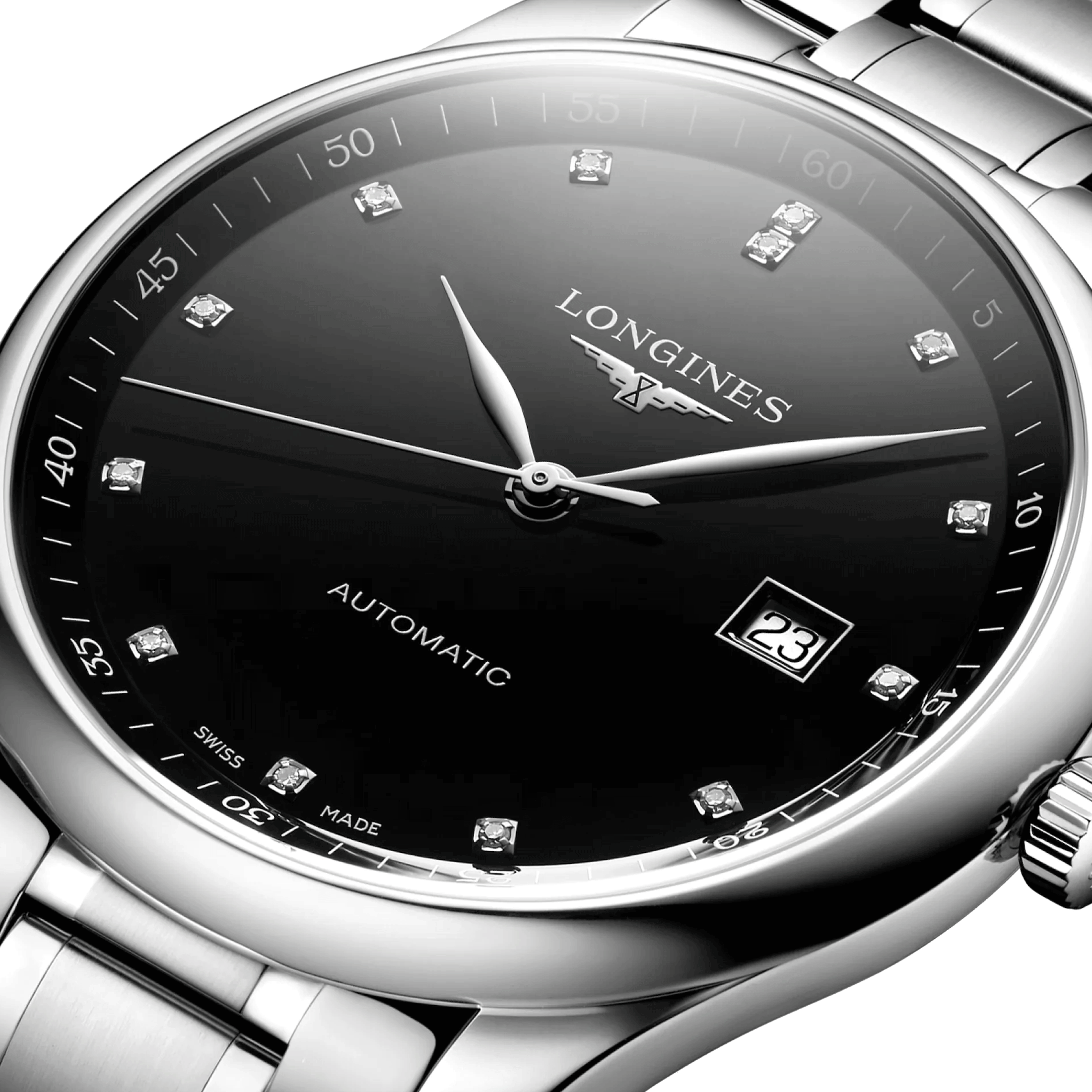 Longines Master Collection automatic watch diamond index black dial steel bracelet 42 mm L2.893.4.57.6