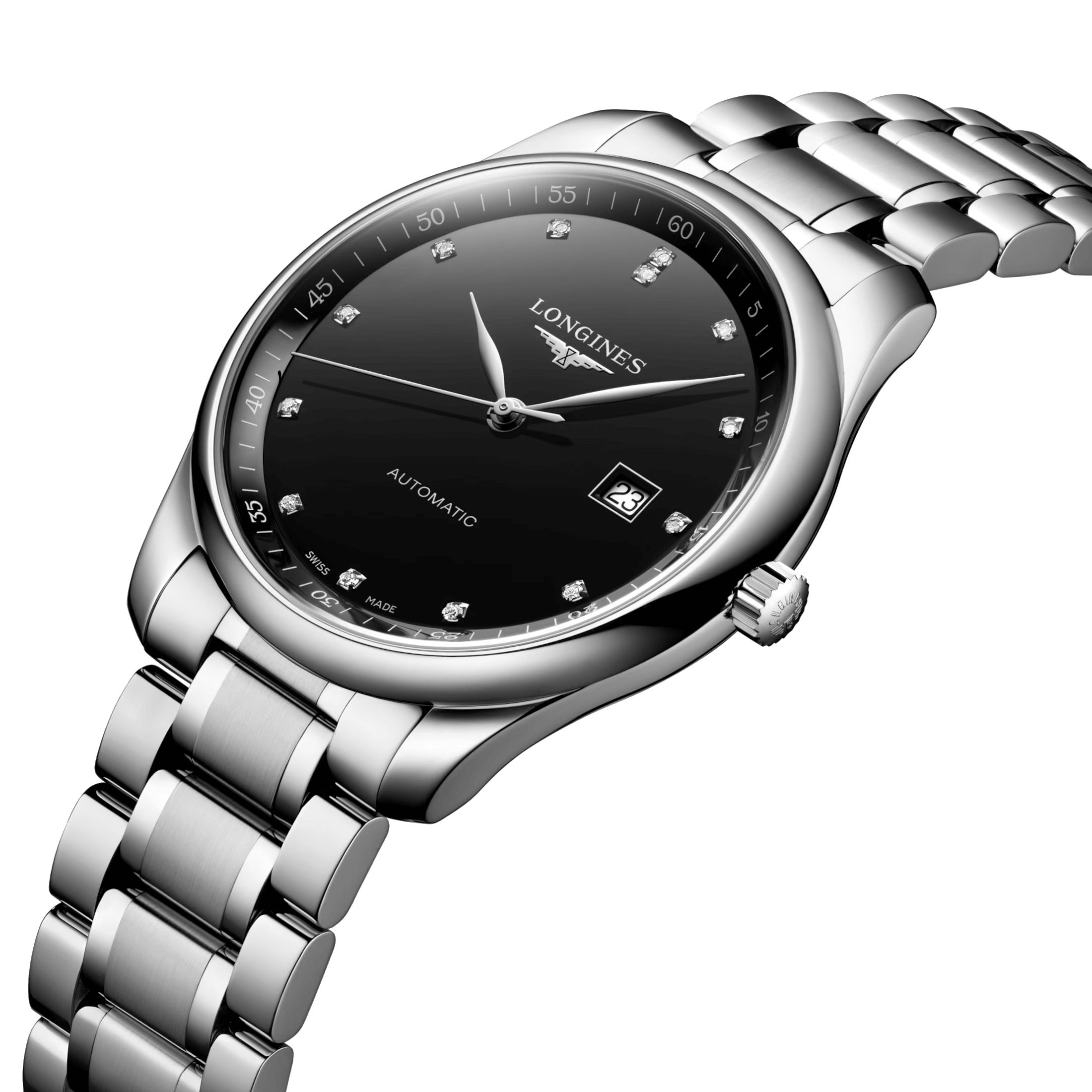 Montre Longines Master Collection automatique index diamants cadran noir bracelet acier 42 mm L2.893.4.57.6