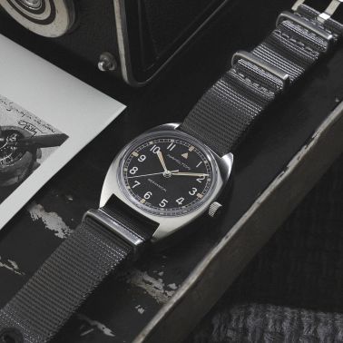 Hamilton Khaki Pilot Pioneer mechanical watch black dial grey textile strap