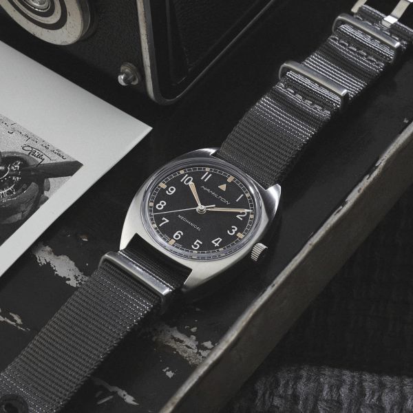 Hamilton Khaki Pilot Pioneer mechanical watch black dial grey textile strap