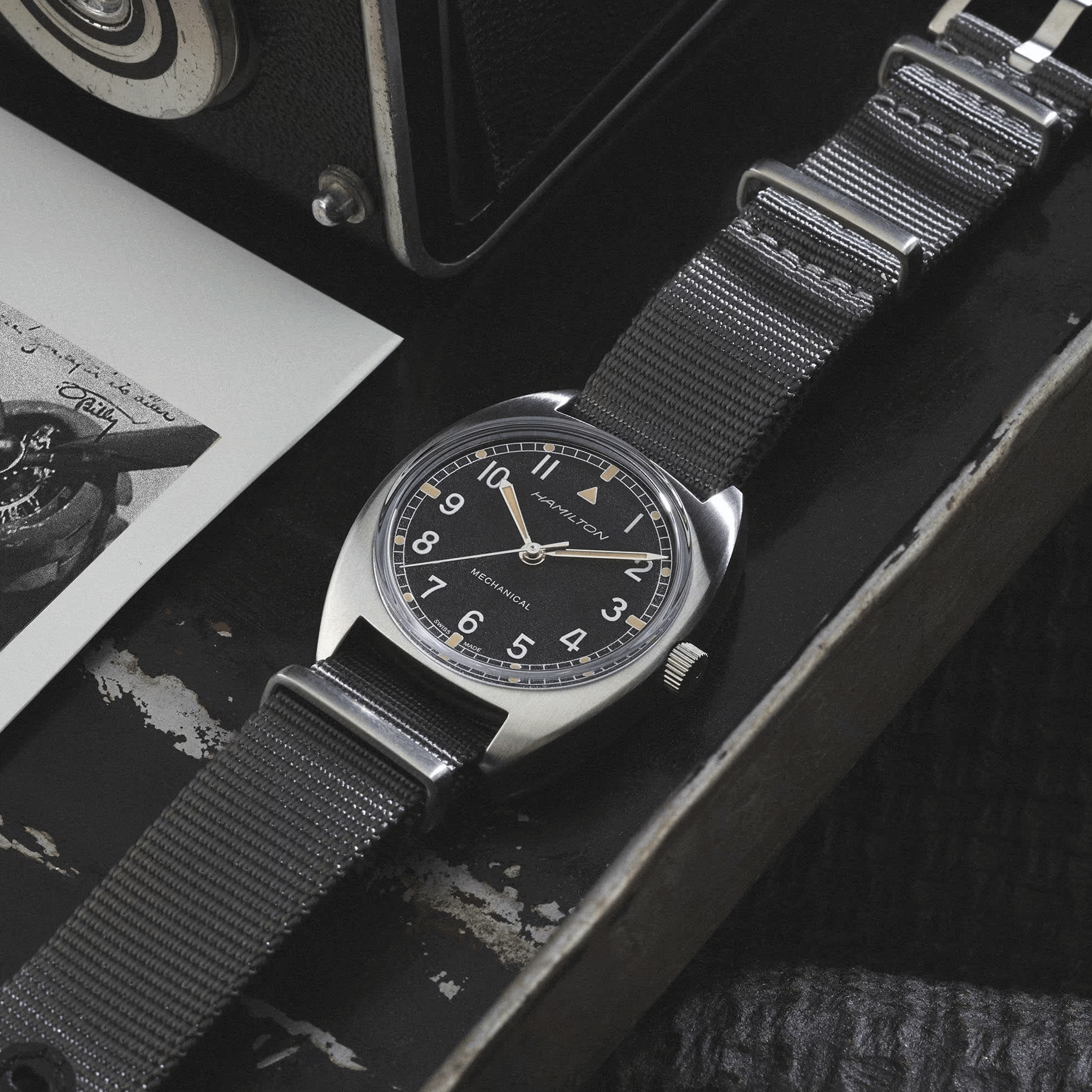 Hamilton Khaki Pilot Pioneer mechanical watch black dial grey textile strap
