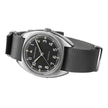 Hamilton Khaki Pilot Pioneer mechanical watch black dial grey textile strap