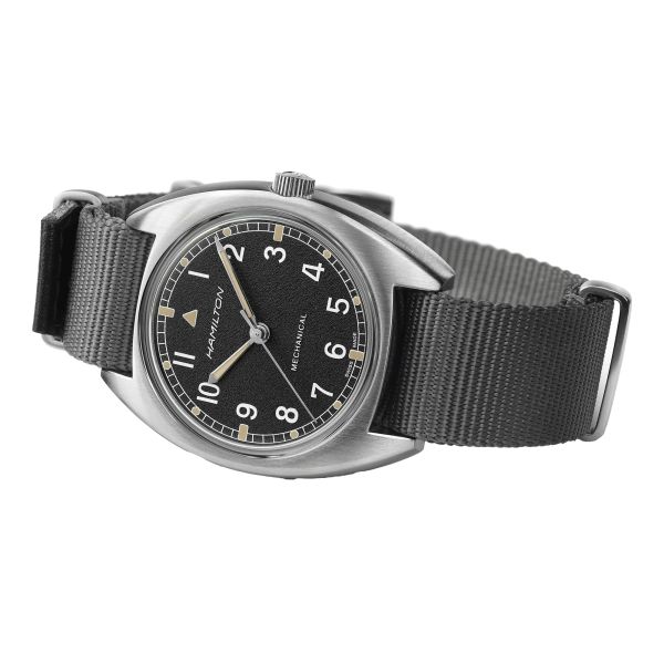 Hamilton Khaki Pilot Pioneer mechanical watch black dial grey textile strap