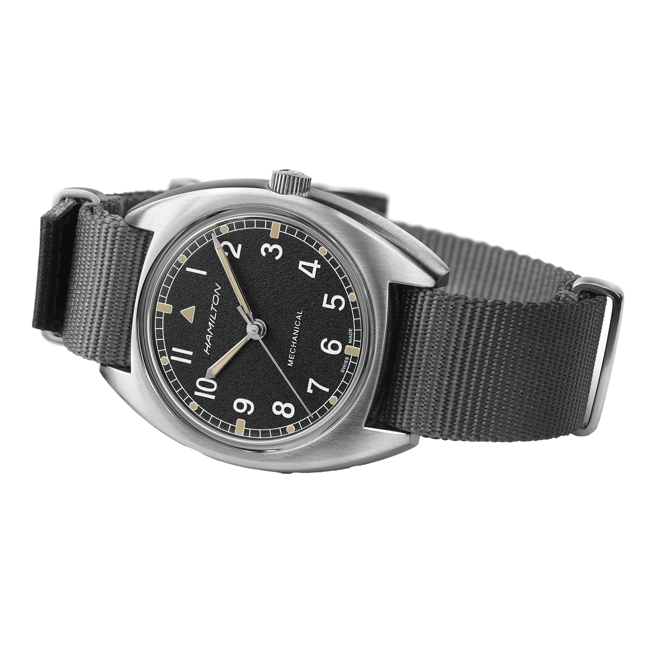 Hamilton Khaki Pilot Pioneer mechanical watch black dial grey textile strap