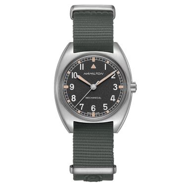 Montre Hamilton Khaki Pilot Pioneer mécanique cadran noir bracelet textile gris H76419931