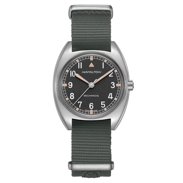 Montre Hamilton Khaki Pilot Pioneer mécanique cadran noir bracelet textile gris H76419931