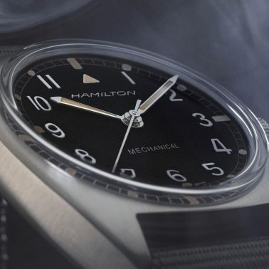 Hamilton Khaki Pilot Pioneer mechanical watch black dial grey textile strap