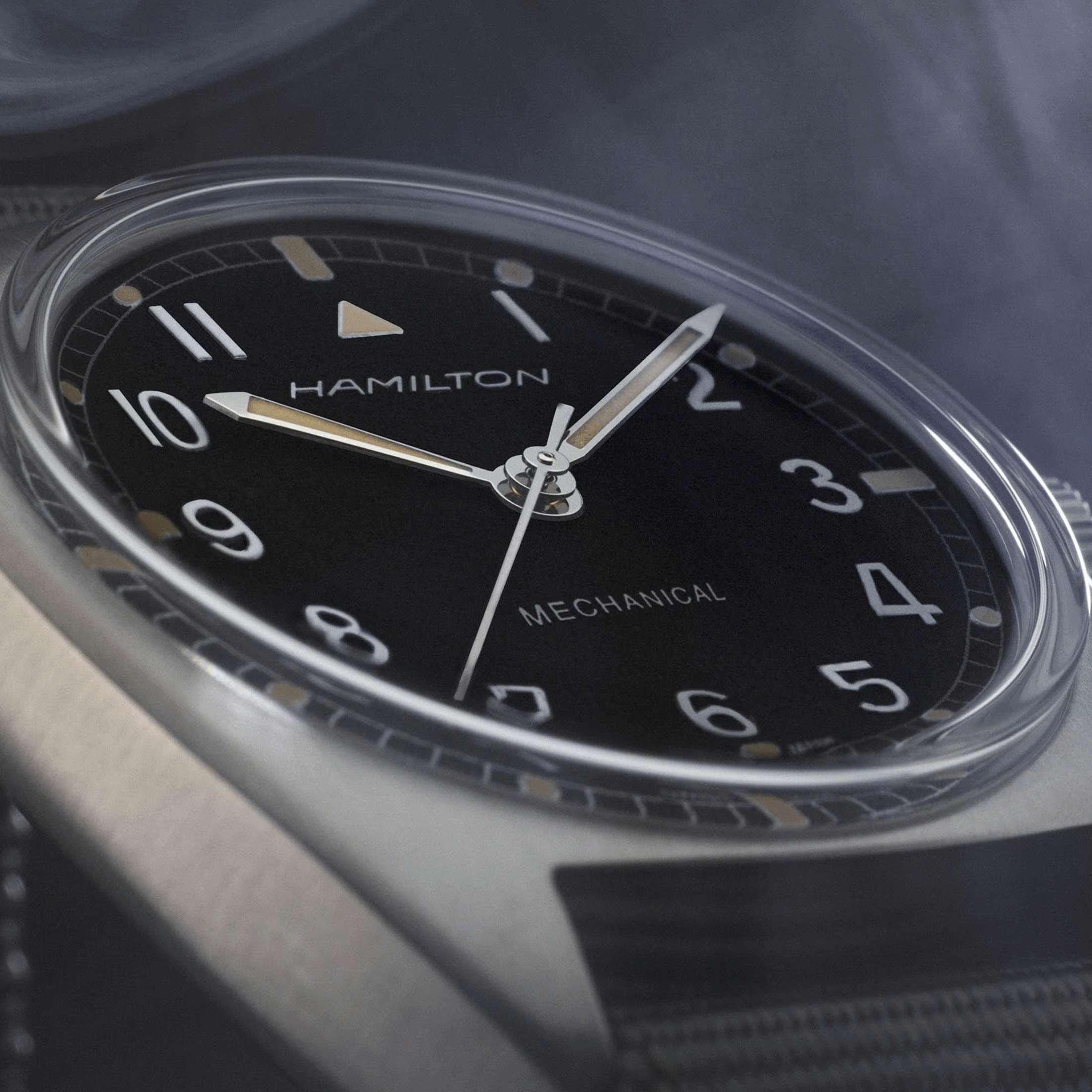 Hamilton Khaki Pilot Pioneer mechanical watch black dial grey textile strap