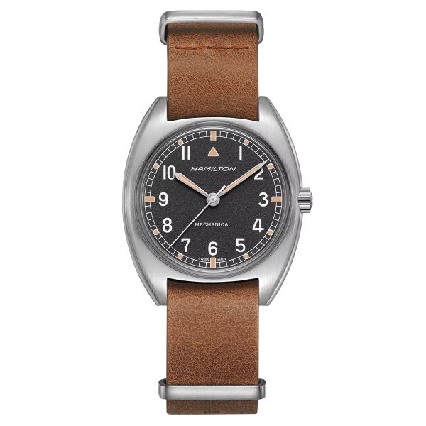 Montre Hamilton Khaki Pilot Pioneer mécanique cadran noir bracelet cuir brun H76419531