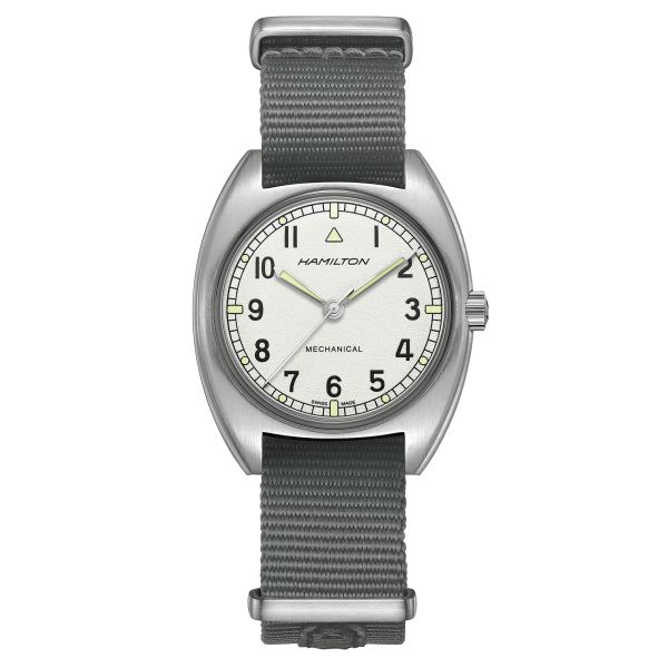 Hamilton Khaki Pilot Pioneer mechanical watch silver dial blue textile strap 36 mm H76419951