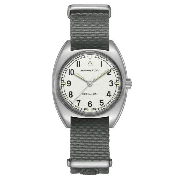 Hamilton Khaki Pilot Pioneer mechanical watch silver dial blue textile strap 36 mm H76419951