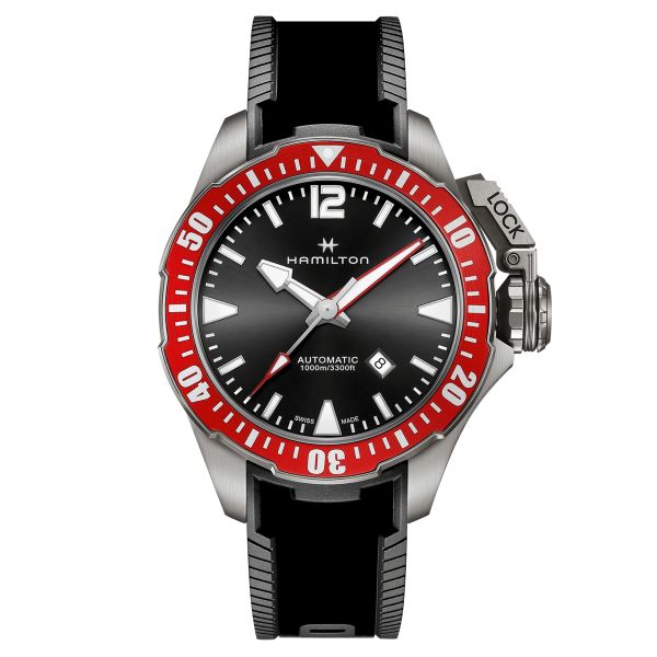 Montre Hamilton Khaki Navy Frogman Titanium cadran noir bracelet caoutchouc noir 46 mm H77805335