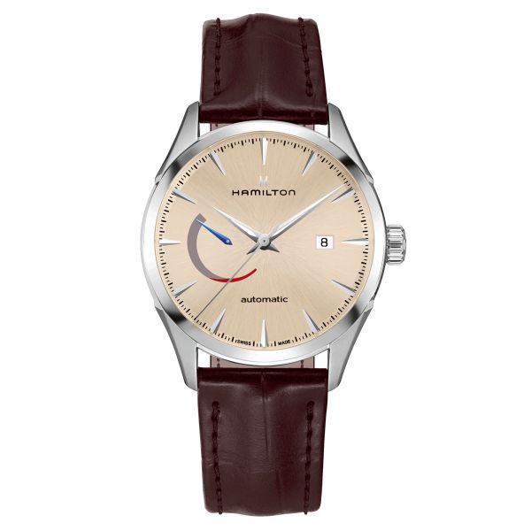 Hamilton Jazzmaster Power Reserve automatic watch beige dial brown leather strap 42 mm H32635521