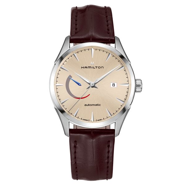 Montre Hamilton Jazzmaster Power Reserve automatique cadran beige bracelet cuir brun 42 mm H32635521