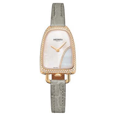 HERMÈS Galop d'Hermès Medium Model watch set with quartz mother-of-pearl dial grey leather strap 32 mm
