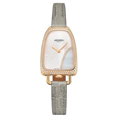 HERMÈS Galop d'Hermès Medium Model watch set with quartz mother-of-pearl dial grey leather strap 32 mm