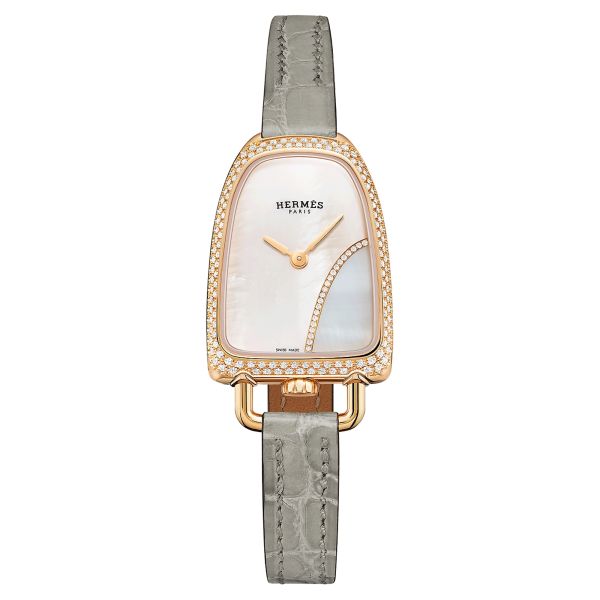 HERMÈS Galop d'Hermès Medium Model watch set with quartz mother-of-pearl dial grey leather strap 32 mm